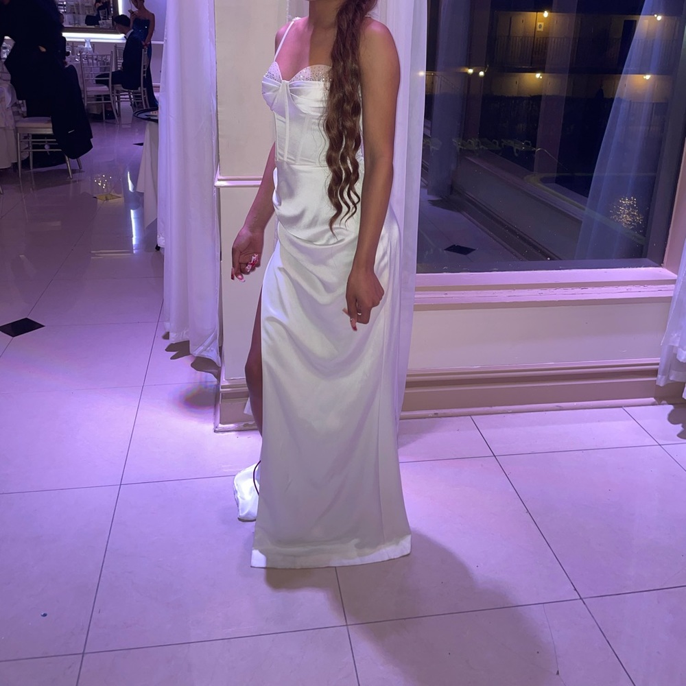 White Satin High Slit Draping Corset Gown With Crystals size S/4-6